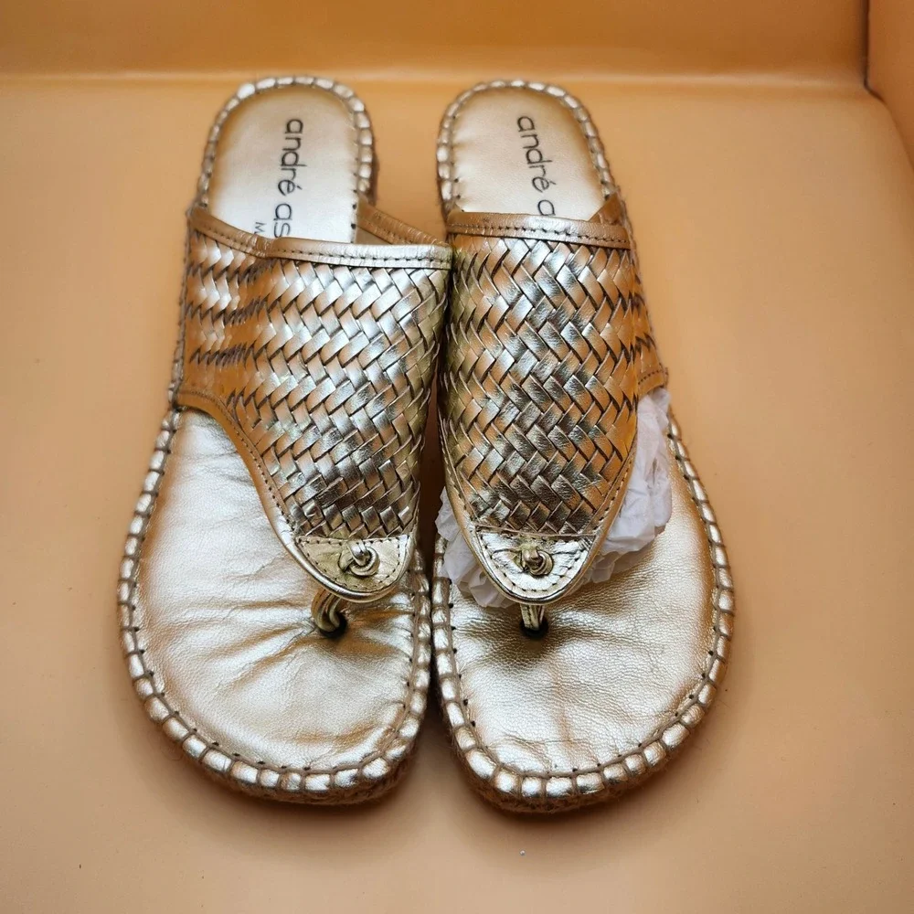 André Assous Alyssa Wedge‎ Sandals Gold Woven Leather Espadrille Boho 9 M